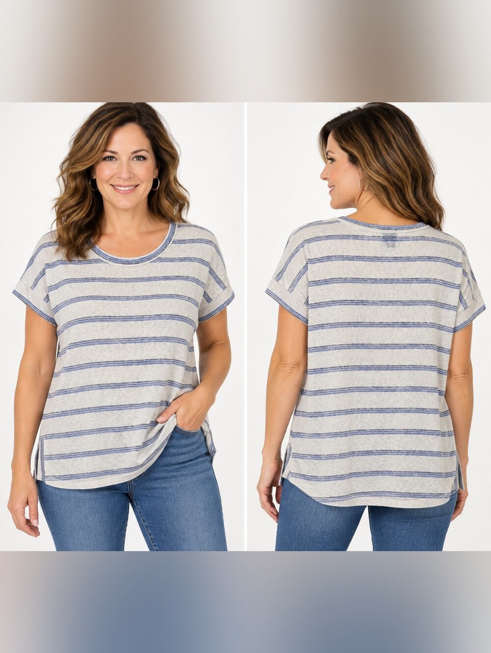 Bobeau Women's 1X Striped Top White Blue Hi-Low Hem Side Slits Casual